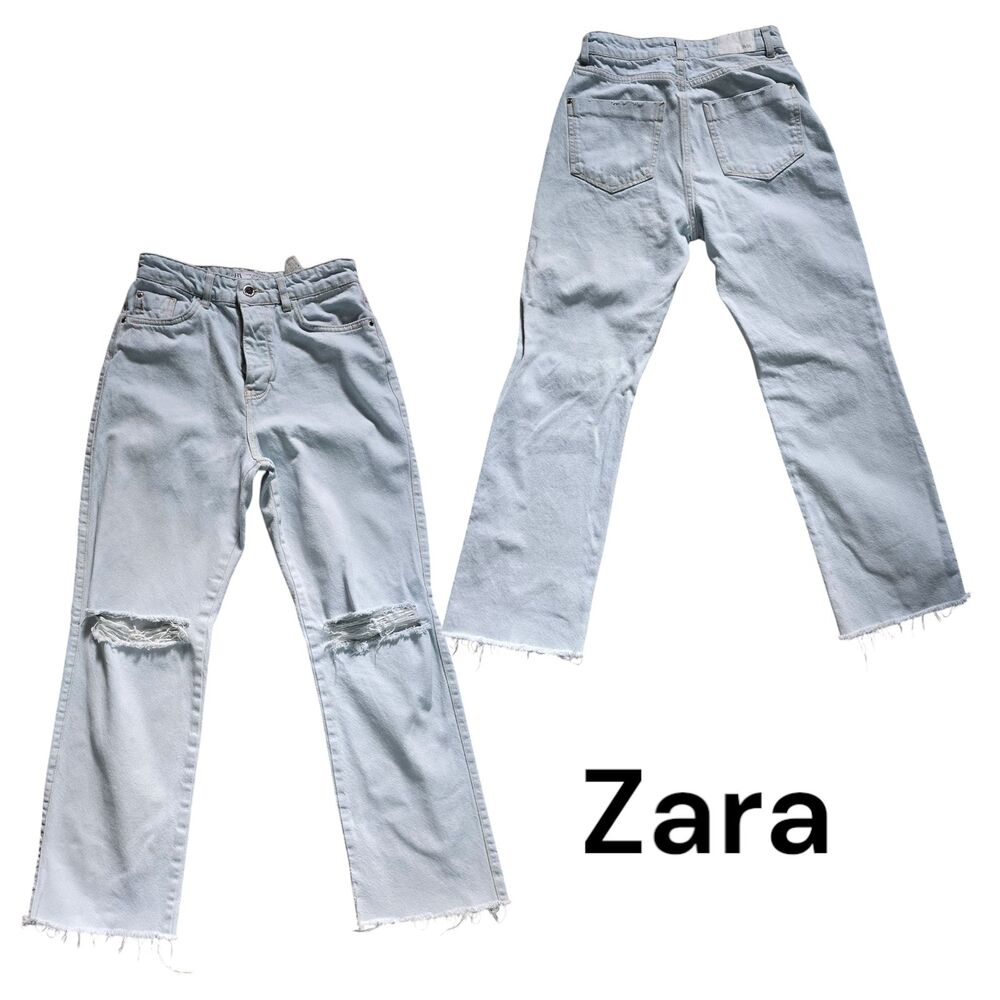 Zara Jeans Light Wash Distressed Design Button Fly Raw Hem Size 4